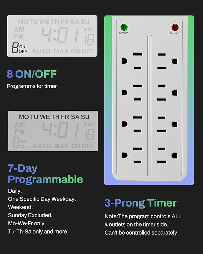 BN-LINK 8 Outlet Surge Protector with 7-Day Digital Timer (4 Outlets Timed, 4 Outlets Always On) - White