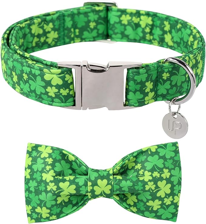 St. Patrick's Day Dog Collar with Bow Tie, Cotton St. Patrick's Day Bowtie Collar for Girl Boy Dosg, Lucky Shamrock Pet Collars with Metal Buckle, Spring, L, Neck 16-24in