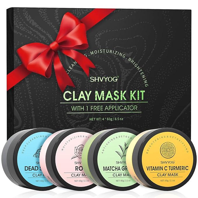 SHVYOG 4Pcs Face Mask Set - Turmeric Clay Mask, Vitamin C, Green Tea, Rose, Dead Sea Mud Mask, Skin Care Mask for Deep Cleansing, Refining Pores, Valentine's Day Gifts for Women- 240g