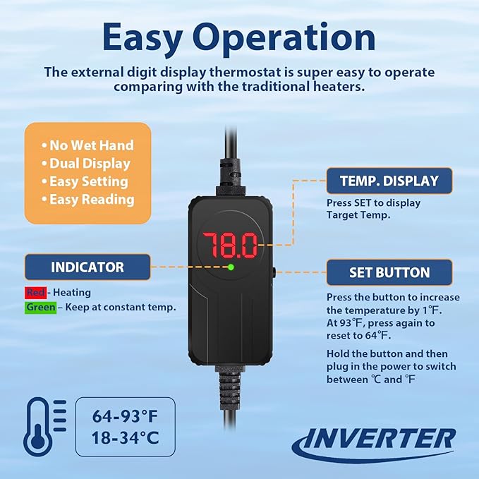 AquaMiracle 25W Submersible Aquarium Heater with LED Digital Display Thermostat, Fish Tank Heater Turtle Heater with Protective Housing, for Tanks 1-5 Gallons