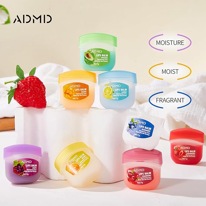 8-Pack Fruit Flavor Lip Balm Set, Mini Lip Mask for Daily Moisture & Overnight Care Helps Soothe Dry Lips