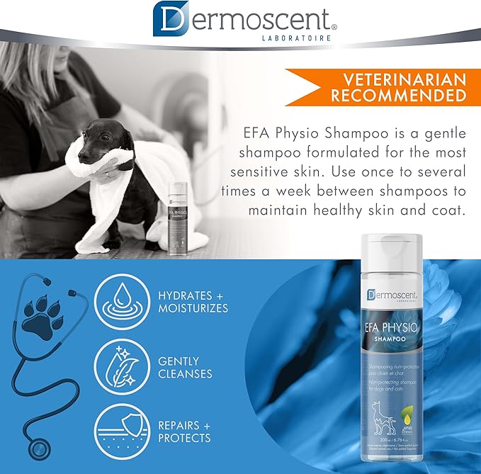 Dermoscent EFA Physio Shampoo for Dogs & Cats - Gentle Natural Ingredients for Frequent Bathing Allergies & Itchy Skin Relief - Soothes Dermatitis & Atopic Skin - 200 ml