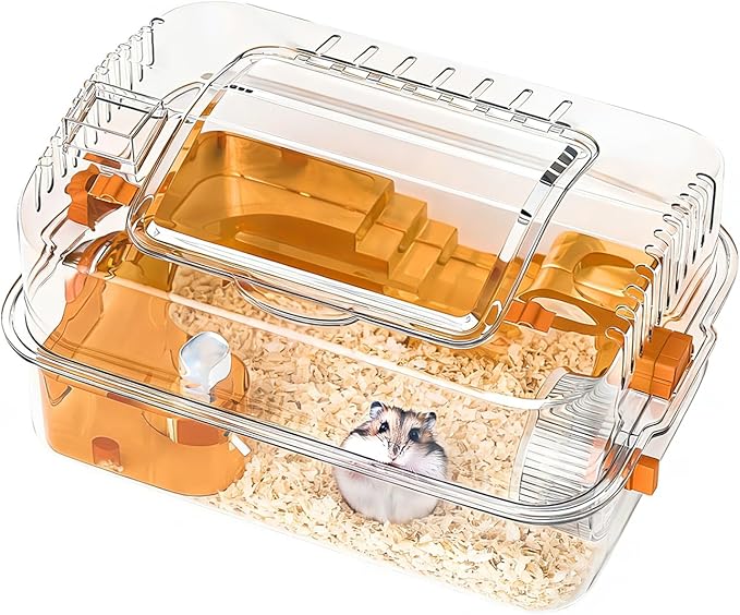 Large PET Hamster Cage with Built-in Platform & Hideout, 25"x14"x12.2" Transparent Hamster House for Dwarf, Syrian Hamsters, or Gerbils – Easy to Clean, Ventilated, Anti-Escape Design