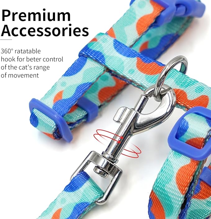azuza Cat Harness and Leash Set for Safe Walking and Travel, Escape Proof Cat Harness, Lightweight Soft and Comfortable, Adjustable Kitten Harness for Small Medium Large Cats, Blue Camo