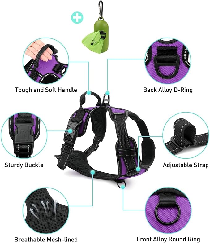 Joytale No Pull Dog Harness for Small Dogs, Reflective Pet Vest with Front Clip, Adjustable Soft Padded Harnesses with Easy Control Handle for Training and Walking, Purple, S