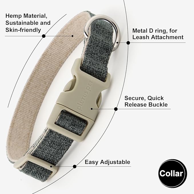 Plutus Pet Cotton Hemp Dog Collar and Leash Set, Adjustable Collar for Small, Medium, and Large Dogs, Heavy Duty and Soft on Skin, Gray, XS