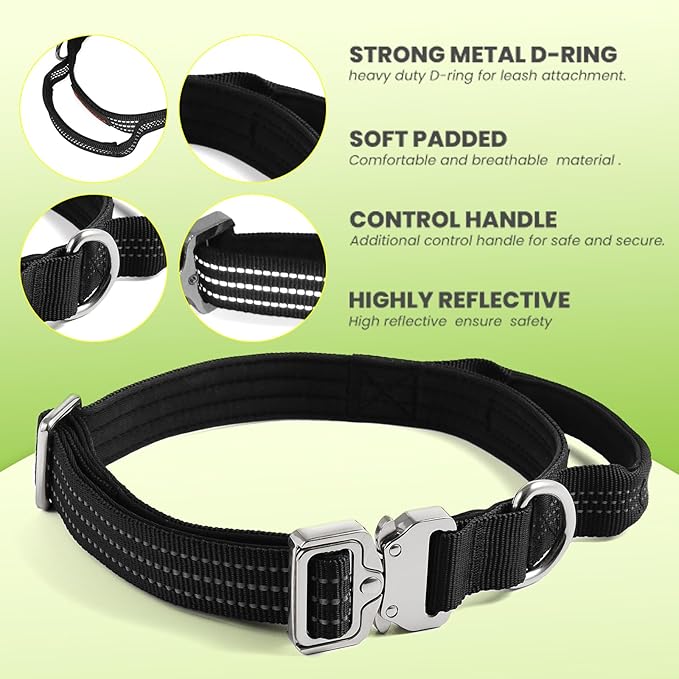 Heavy Duty Dog Adjustable Breathable Nylon Collar for Medium to Large Breeds Dogs with Control Handle Quick Release Metal Buckle Soft Neoprene Padded & Reflective Stitching