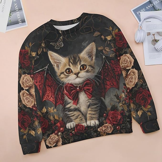Halloween Sweatshirts for Women Black Cat Print Pullover Crewneck Oversized 2024 Fall Fashion Casual Warm Shirt