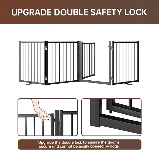 4 Panels Full Metal Freestanding Dog Gates with Door, 80” W x 24” H Folding Pet Gate Fence with Support Feet for Indoor,Stairs, Hallways and Doorways(Black)