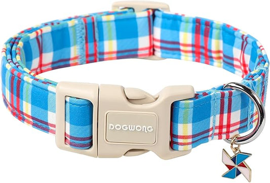 DOGWONG Blue Plaid Dog Collar- Cute Checkered Dog Collars Adjustable Designer Blue Puppy Dog Collar for Small Medium Large Dogs XL