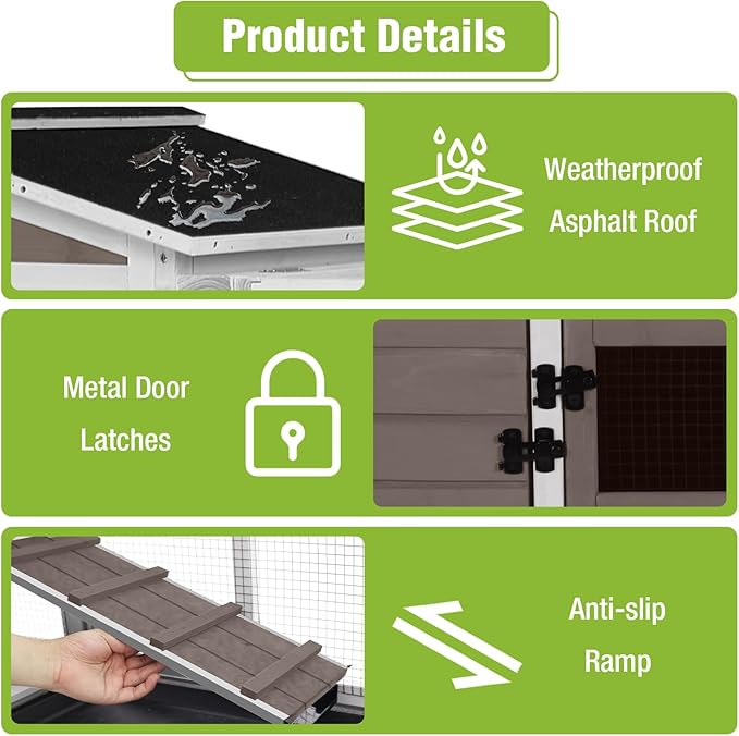 Wooden Rabbit Hutch Indoor and Outdoor with Waterproof Roof, Mobile Rabbit Cage with Wheels, 2-Story Bunny Cage with Leak Proof Tray and Chew Proof Ramp (Brown)