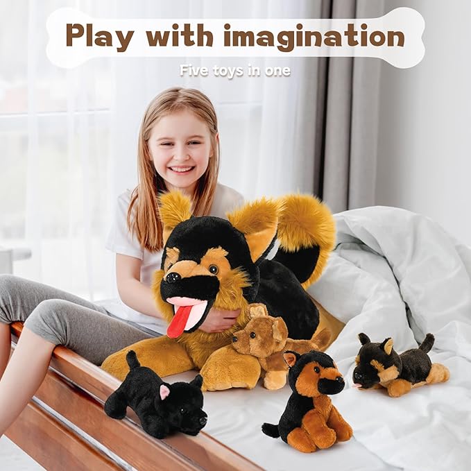 German Shepherd Stuffed Animals, 20 Inch Plush Toys with 4 Babies, Gift for Kids