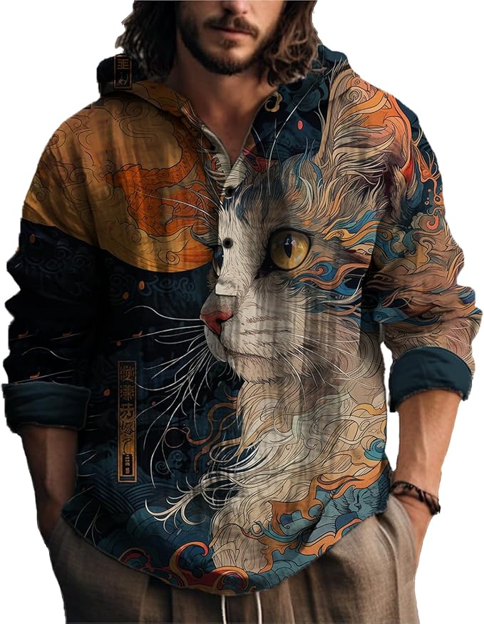 MARSVOVO Japanese Art Animal Hooded Shirt for Men Long Sleeve Quarter Button Lightweight Hoodie Cool Streetwear Tops