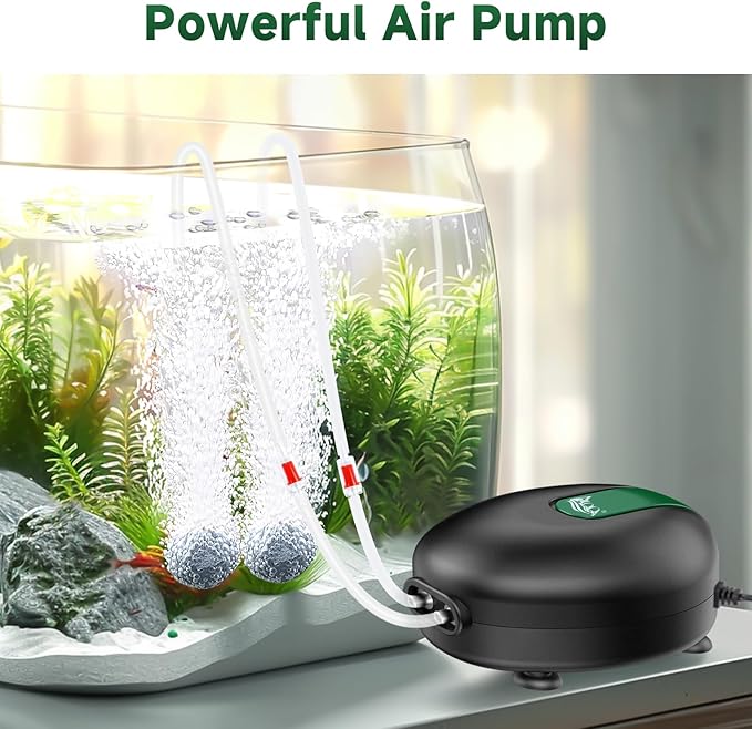 AQQA Aquarium Air Pump Whisper Oxygen Aerator Powerful Fish Tank Air Pump Dual Outlets Adjustable Airflow Bubblers with Air Stone Tubes Check Valves (8W for Up to 160Gal Tank)