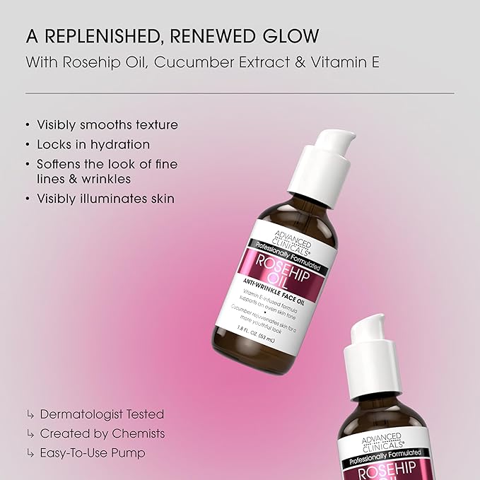 Advanced Clinicals Rosehip Oil For Face With Vitamin E + Botanicals Helps Improve Look Of Dark Spots, Wrinkles, Fine Lines, & Uneven Looking Skin Tone | Moisturizing Skin Care Face Serum, 1.8 Fl Oz