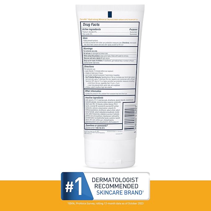 CeraVe 100% Mineral Sunscreen SPF 30 with Zinc Oxide & Titanium Dioxide,Hyaluronic Acid & Ceramides,Oil Free,Non-Greasy,Hydrating Mineral Sunscreen For Body,5 oz,(Pack of 2)
