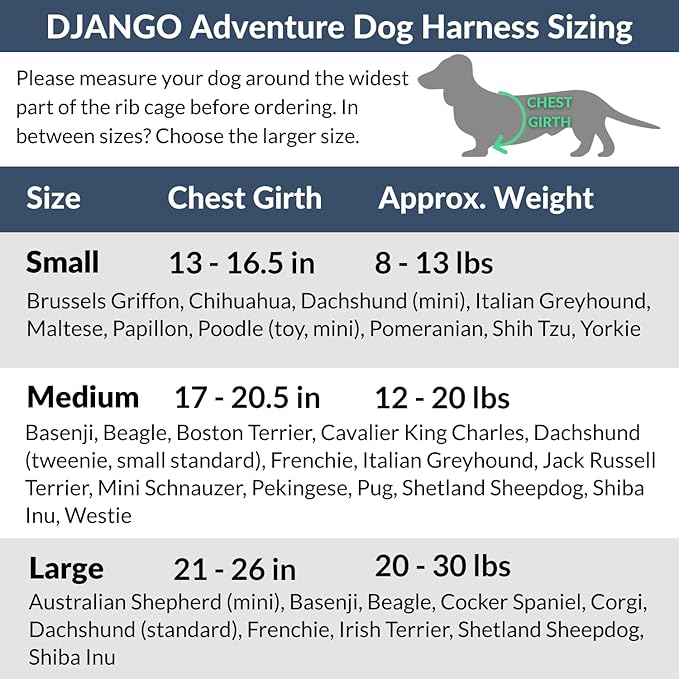DJANGO Adventure Dog Harness - Stylish and Durable Medium Dog Harness for Outdoor Adventures and Everyday Wear - Indigo Blue Neoprene Adjustable Harness for Dogs with Reflective Piping, Brass D-Ring
