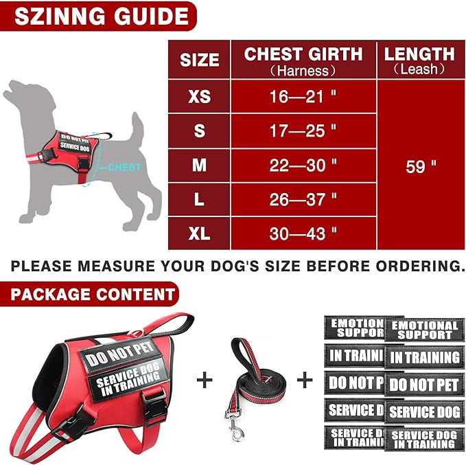 Service Dog Vest Harness and Leash Set+10 Patches,No Pull&Adjustable Reflective Dog Harness with Soft Padded Handle for Training/Everyday,Fit Small/Medium/Large/Extra-Large Dogs (Red S)