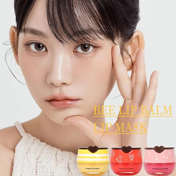 3 PCS Bee Lip Balm Lip Mask Honey Pot, Honey & Strawberry & Watermelon Lip Sleeping Mask Overnight Moisturizing Honey Lip Balm, Hydrating Prevention Dry & Cracked, Mothers Day Gifts, Birthday Gifts