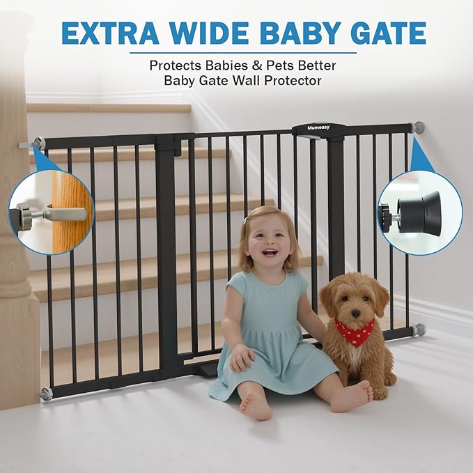 Mumeasy 29.7-57" Extra Wide Baby Gate for Doorways, Auto Close Dog Gate Indoor for Stairs, No-Drill Pressure Mounted Pet Gate with Door, Easy Walk Thru Long&Large Safety Gate for House, Outdoor, Black