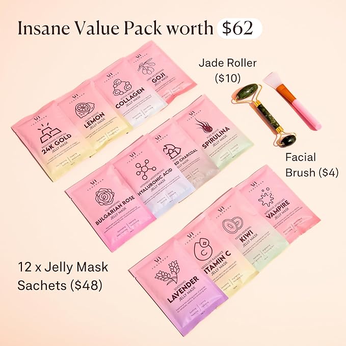 Jelly Mask for Facials - 12 Flavors Hydrating & Brightening Jelly Face Masks | Free Jade Roller & Spatula |Bulgarian Rose, Lavender, Hyaluronic Acid 24K Gold face mask | International Womens Day Gifts