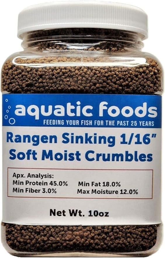Aquatic Foods Inc. 1/16" Soft Moist Sinking Salmon Crumbles for Baby Axolotls, Shrimp, Snails, Crabs, Small Amphibians, Bottom Tropical Fish ...10oz Small Jar
