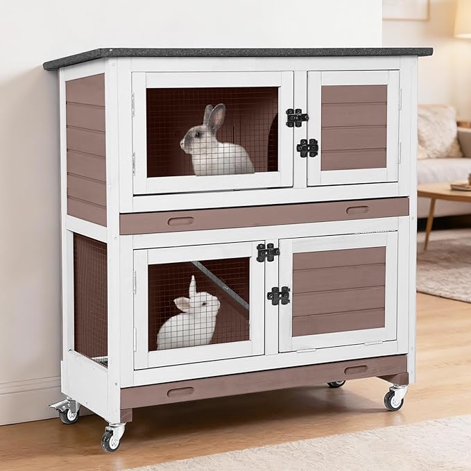 36’’ Wooden Rabbit Hutch Indoor or Outdoor, 2 Story Rabbit Cage with 2 Leak Proof Trays, Mobile Bunny Hutch with Wheels, Anti-Chew Ramp for Guinea Pig (Grey)