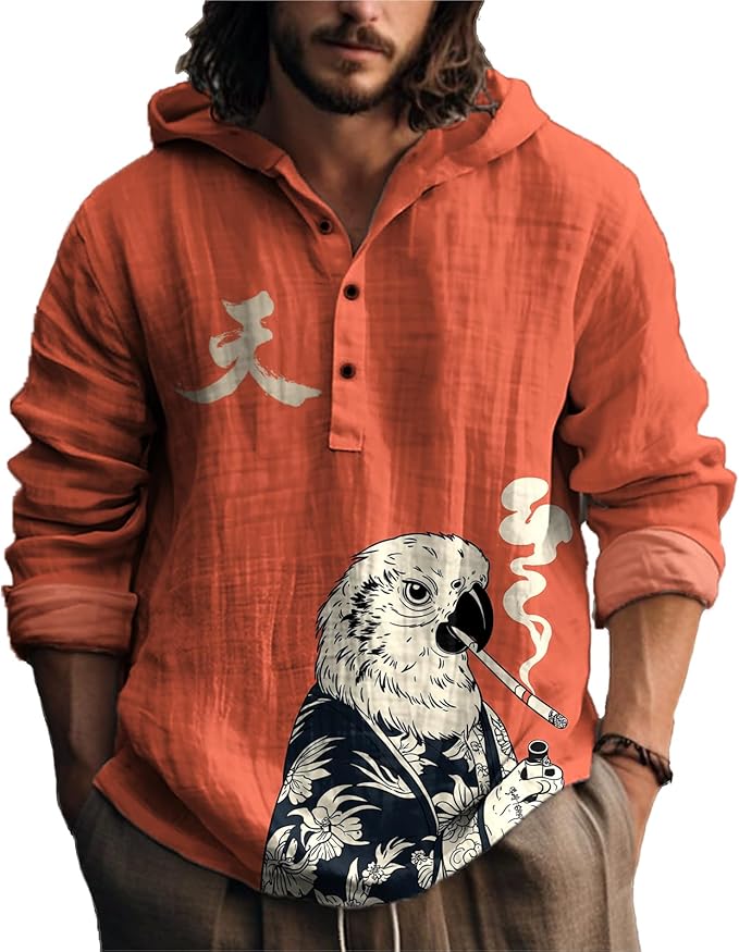 MARSVOVO Japanese Art Animal Hooded Shirt for Men Long Sleeve Quarter Button Lightweight Hoodie Cool Streetwear Tops