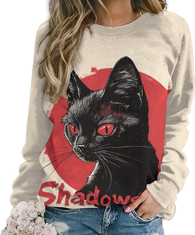 Halloween Sweatshirts for Women Black Cat Print Pullover Crewneck Oversized 2024 Fall Fashion Casual Warm Shirt