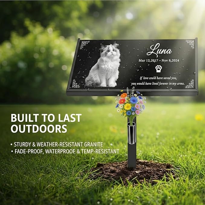 Personalized Pet Memorial Stones for Cat, Custom Engraved Granite Grave Marker, Weatherproof Outdoor Garden Headstone or Indoor Memory Stones, Pet Memorial Gifts for Your Beloved Pet (CAT)