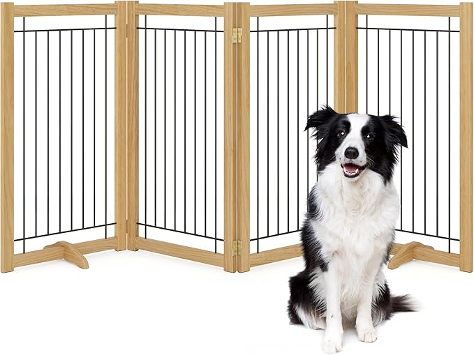 Wire Dog Gate Solid Wood Frame, Anti-Chewing, 4-Panel, 36" Height, 80" Width, Indoor Freestanding Pet Gate Foldable Wooden Dog Fences for Stairs, House, Doorway, Oak Color