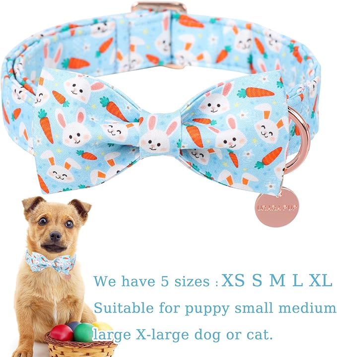 Easter Dog Collar With Bow Tie, Cotton Carrot Bowtie for Large Girl Boy Dog, Cute Bunny Pet Collar With Metal Buckle, Gift, M