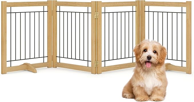 Wire Dog Gate Solid Wood Frame, Anti-Chewing, 4-Panel, 24" Height, 80" Width, Indoor Freestanding Pet Gate Foldable Wooden Dog Fences for Stairs, House, Doorway, Oak Color