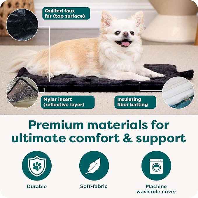 FurHaven ThermaNAP Self Warming Cat Mat, Dog Bed for Crates with Self-Warming Technology for Cozy Rest, Fully Machine Washable, Small, Plush Faux Fur, Black