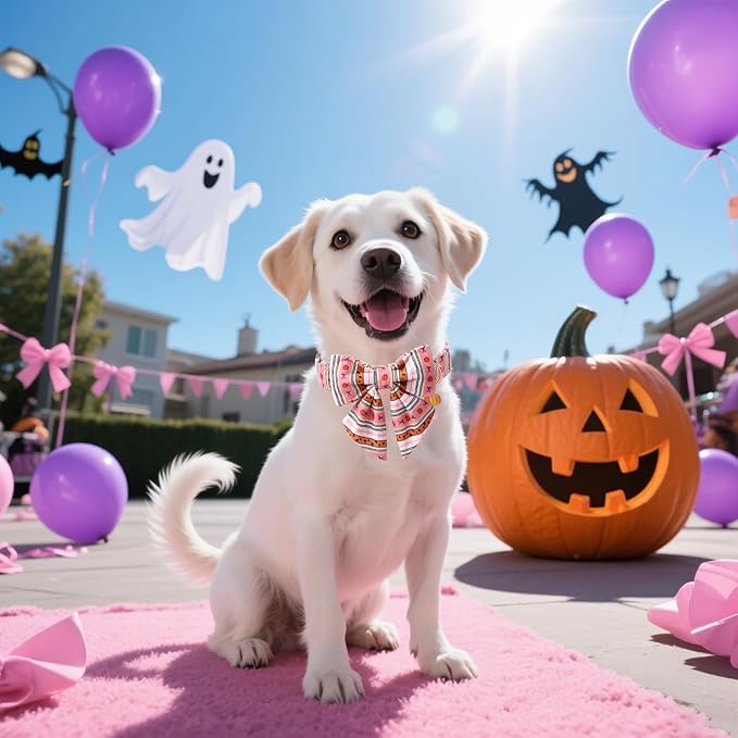 DOGWONG Cotton Fall Dog Collar, Pink Halloween Dog Collar with Bow Cute Pink Pumpkin Dog Collars Puppy Necklace for Female Small Medium Large Dogs