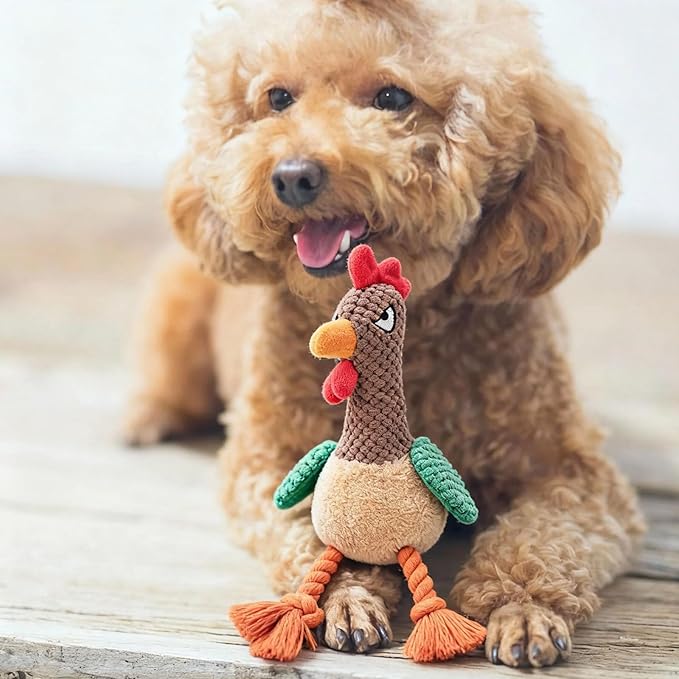 Rooster Knot Squeaky Dog Toys with Crinkle Paper for Small and Medium Dogs,Stuffed Plush Chew Toys for Puppy to Cuddle, Curl up, Snuggle - Brown