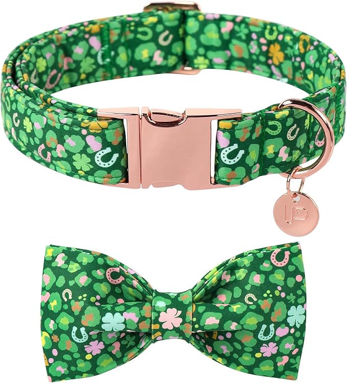St. Patrick's Day Dog Collar with Bow Tie, Spring Shamrock Bowtie Collar for Girl Boy Dog, Lucky Clover Dogs Collars with Metal Buckle, Green Collars for Dogs, XS, Neck 8-12in