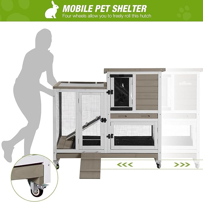 Indoor Outdoor Rabbit Hutch, Bunny Cage on Wheels with 2 Deep No Leakage Pull Out Trays (Mocha Color)