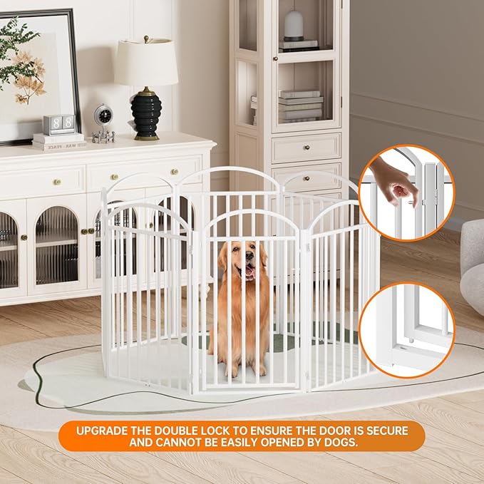 8 Panels Full Matel Freestanding Dog Gates with Door, 192"Extra Wide 36"Tall Free Standing Dog Pet Gate for Indoor & Outdoor. Foldable Pet Fences for Doorways, House, Stairs, Porch, Deck, Yard