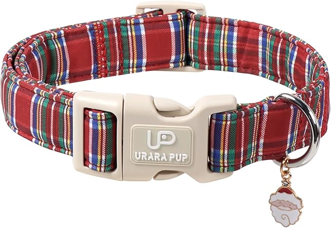 Christmas Plaid Dog Collar, Red and Blue Check Adjustable Pet Collar with Quick Release, Christmas Stripes Collar for Small Medium Large Dogs M