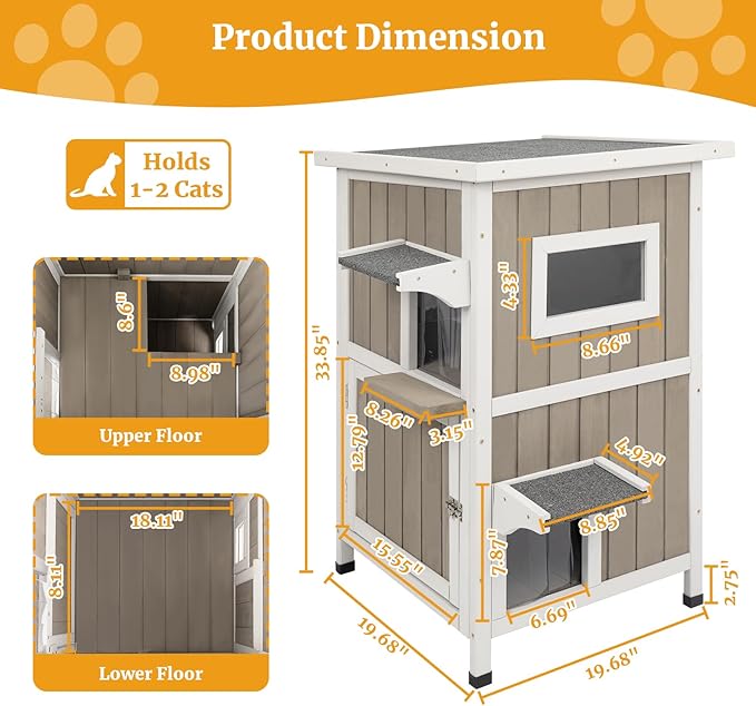 2-Story Outdoor Cat House, Weatherproof Wooden Feral Cat Shelter with Openable Roof, PVC Curtains, Transparent Window, Escape Doors, Cat House for Outdoor Cats