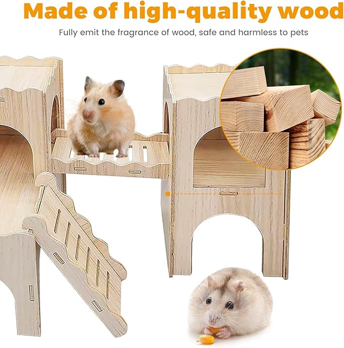 Wooden Dwarf Hamster House, Hamster Tiny House Hideout, Maze House, Large Balcony Lookout Holes, Easy to Assemble, Detachable Parts, Secure Hideaway, A