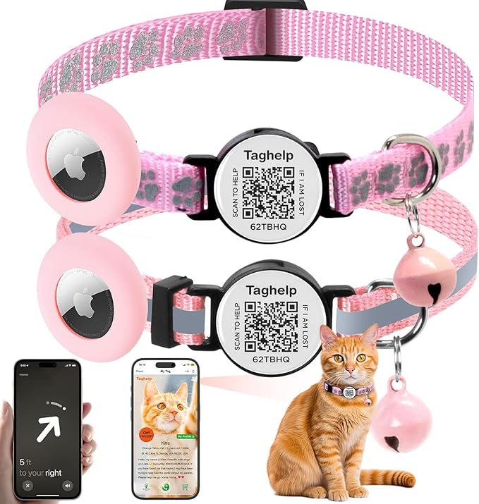 Smart Cat Collar Breakaway with QR Code & AirTag Holder, 2 Pack Reflective Kitten Collars with Safety Buckle - Dual Lost Pet Prevention, Online ID & Apple Tracking, Pink Pet Supplies Gifts