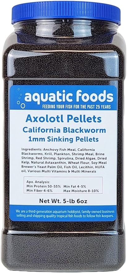 Aquatic Foods Inc. Axolotl Blackworm Pellets. 1mm-1/32 Sinking California Blackworm Micro Pellets for Baby Axolotl, Frogs, Shrimp, Salamanders, Newts, Snails…5-lbs 6oz Jar