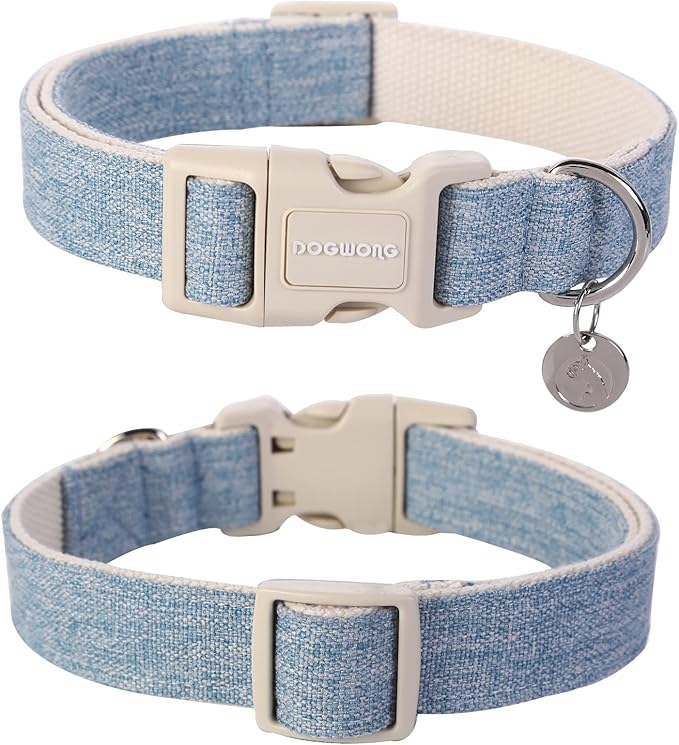 DOGWONG Cotton Hemp Dog Collar - Heavy-Duty Adjustable Soft Natural Fabric Pet Collar, Baby Blue Cute Wedding Puppy Necklace for Small Medium Large Dogs