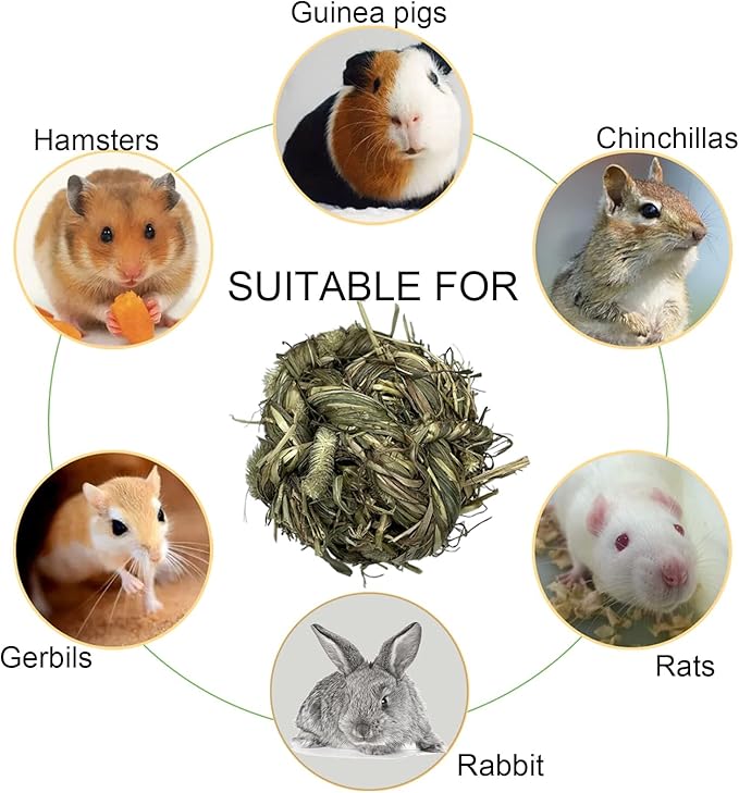Tfwadmx Rabbit Timothy Grass Ball, Small Animal Activity Play Balls Chew Toys Teeth Grinding for Bunny Guinea Pig Hamster Rat Gerbil Chinchilla