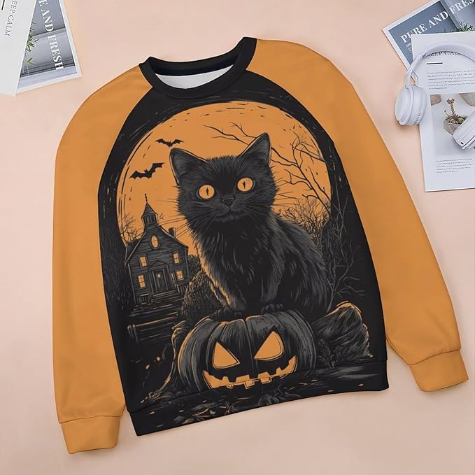 Halloween Sweatshirts for Women Black Cat Print Pullover Crewneck Oversized 2024 Fall Fashion Casual Warm Shirt