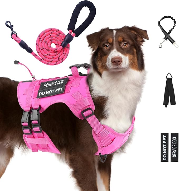 No Pull Tactical Dog Harness for Large Dogs, Escape Proof Molle Dog Vest Harness and Leash Set, Adjustable Military Service Dog Harness with Handle for Medium Large Dogs(Pink, XL)