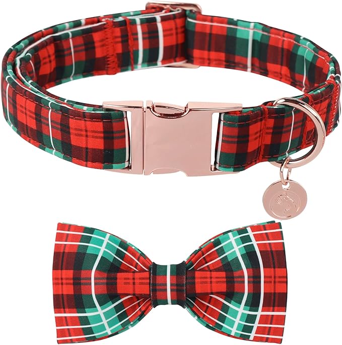 DOGWONG Christmas Red Plaid Dog Collar Bow Adjustable Red Checked Dog Collar Bow Tie Cute Christmas Red Dog Collar for Small Medium Large Dogs
