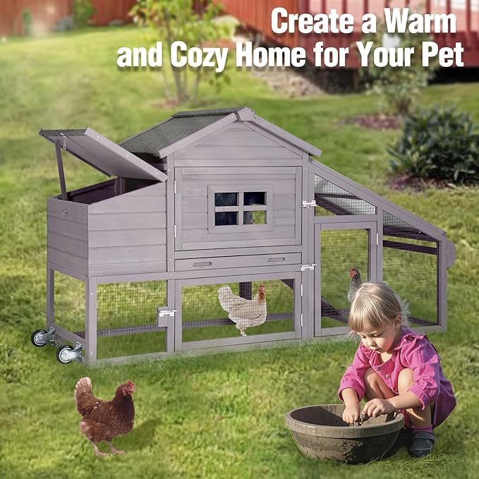 Chicken Coop with Wheels, Mobile Outdoor Chicken House with Leakproof Pull-on Tray, Nesting Box, Waterproof Roof - Grey